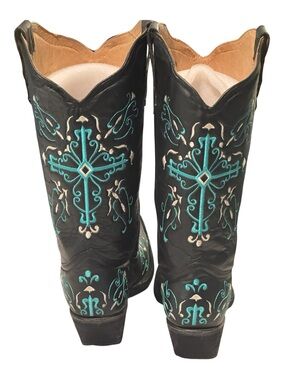 Circle G Black Leather Western Boots with Turquoise Embroidery